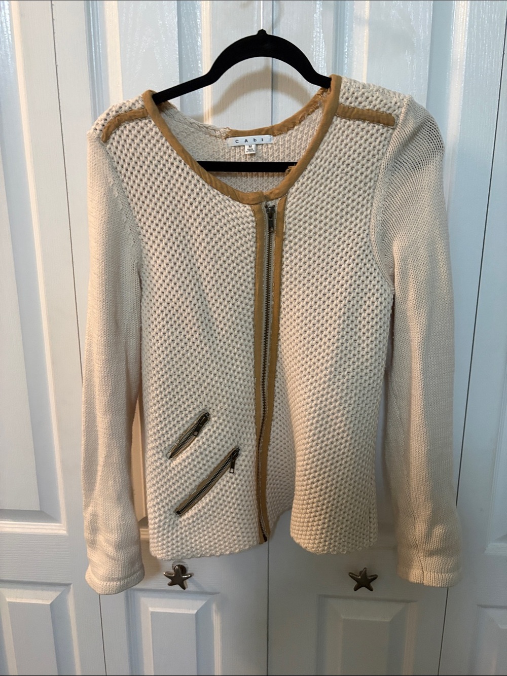 CAbi Cream Knit Zip Jacket with Tan Trim Accents